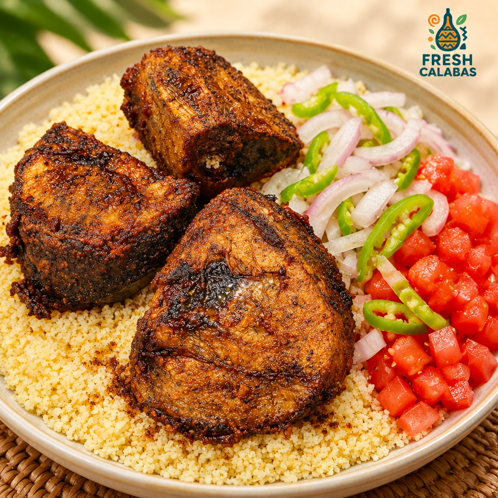 Garba ivoirien : thon frit servi avec attiéké, oignons, tomates et piment, visuel Fresh Calabas