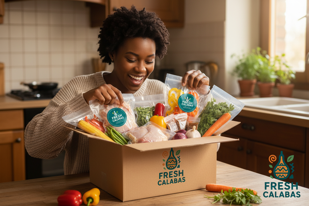 Cliente heureuse découvrant son Kit Poulet DG avec ingrédients sous vide - Fresh Calabas