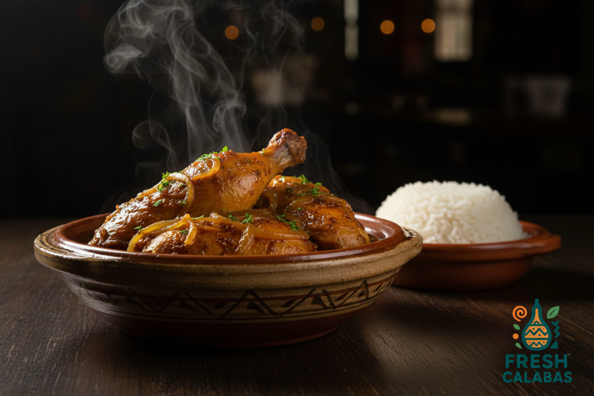 Yassa Poulet fumé caramlisé servi avec riz blanc - Fresh Calabas