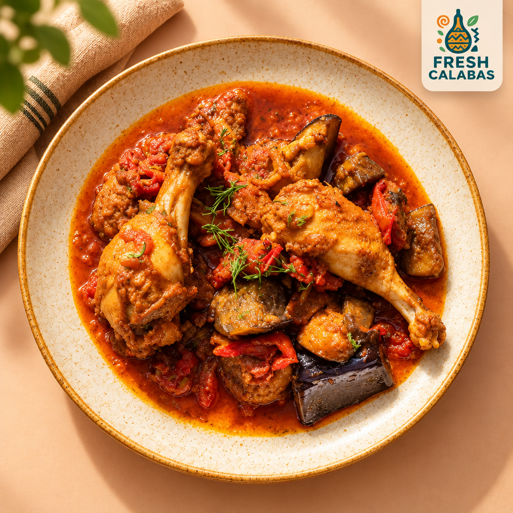 Kedjenou de poulet aux tomates et aubergine, préparé dans une assiette, avec identité Fresh Calabas
