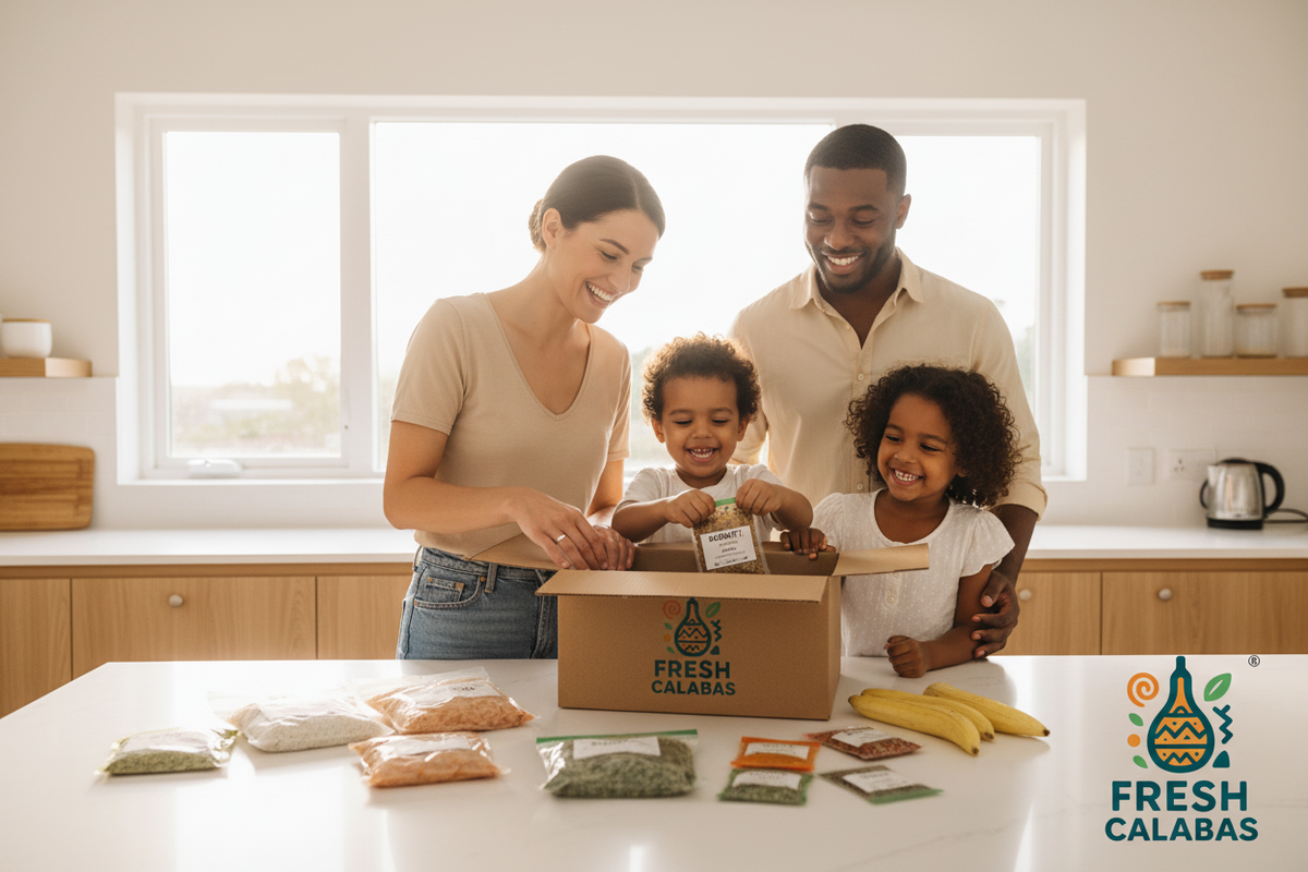 Famille mixte découvrant le Kit Jollof Rice Fresh Calabas®