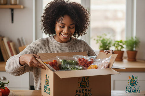 Cliente heureuse découvrant sa Box Confort Fresh Calabas avec sachets sous vide