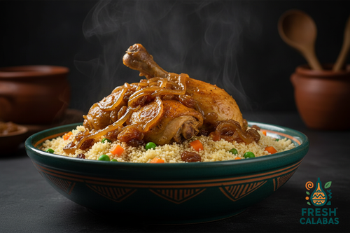 Couscous poulet sénégalais sauce oignons caramlisés avec petits dés de carotte et petits pois - Fresh Calabas