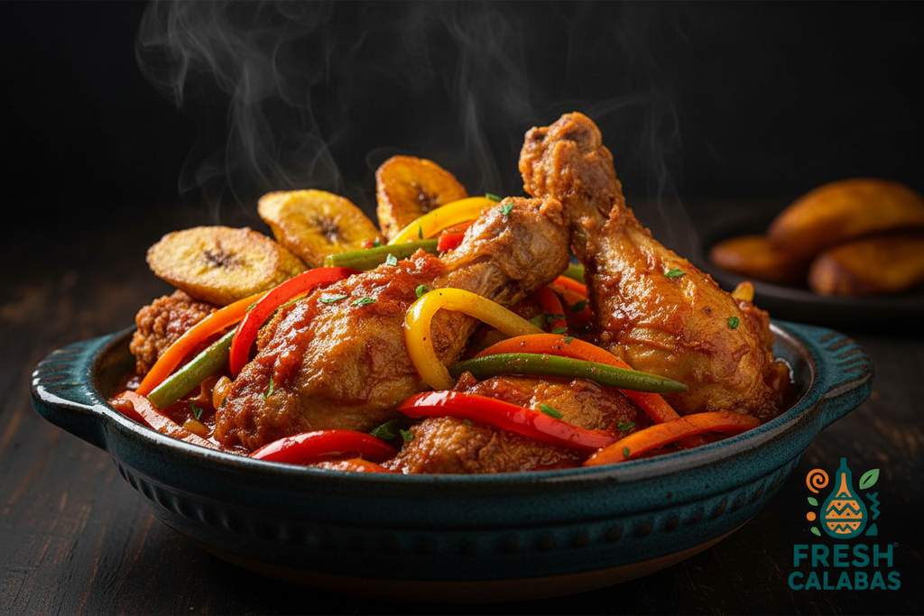 Poulet DG sauce tomate plantains frits légumes - Fresh Calabas