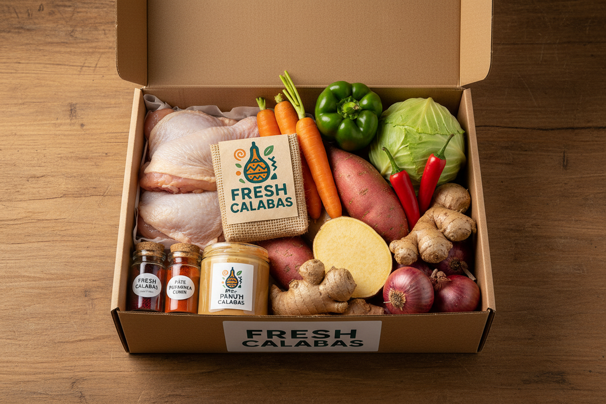 Kit Fresh Calabas ouvert avec cuisses de poulet, riz, pâte d'arachide, légumes frais et épices