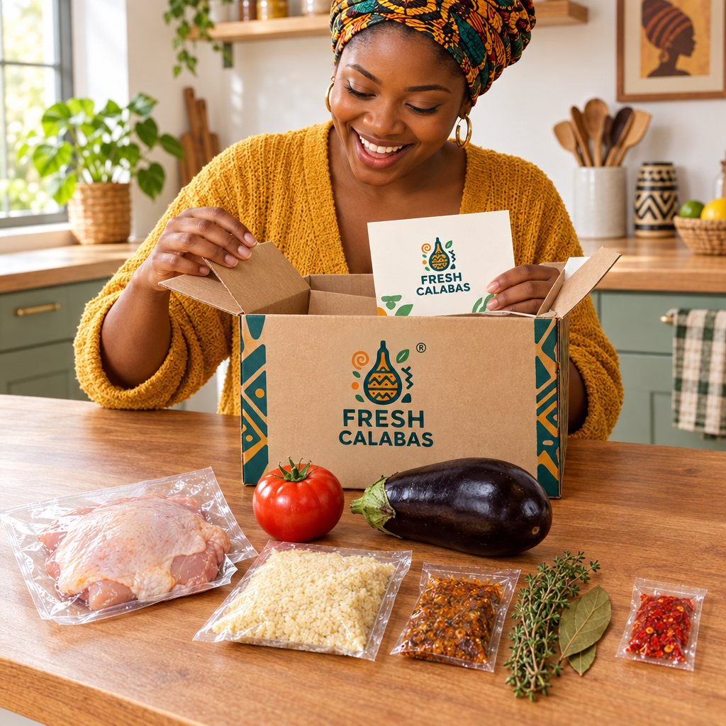Cliente découvrant le kit Kedjenou Fresh Calabas avec cuisse de poulet fermier sous vide, aubergine, tomate, attiéké et nokoss